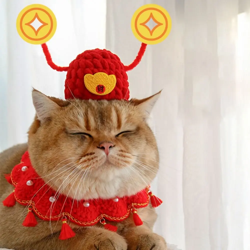 Chinese Style Fortune Cat Headwear Adjustable Warm Pet God of Wealth Hat Soft Handmade Pet New Year Hat Photography Props