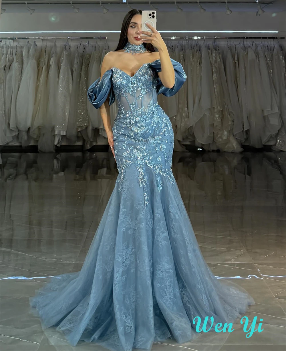 Customized  Mermaid Exquisite Blue Tulle Evening Dress Formal Sweetheart Sleeveless Homecoming Dresses Luxury Vestido D image 6