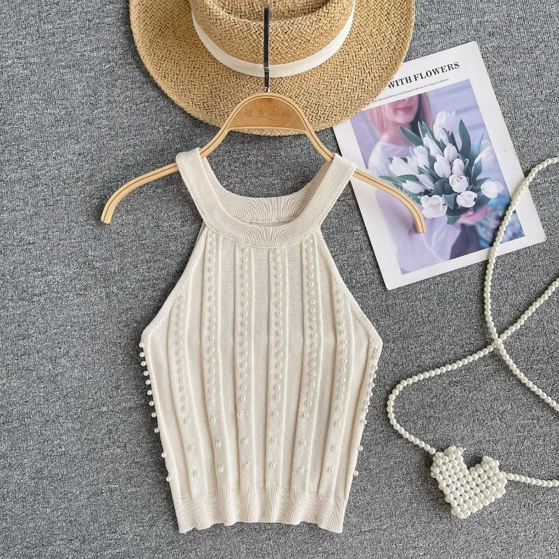 American Spice Girls Simple Beaded Elastic Slim Fit Summer New Sleeveless Short Knitted Suspender Versatile Camis Top