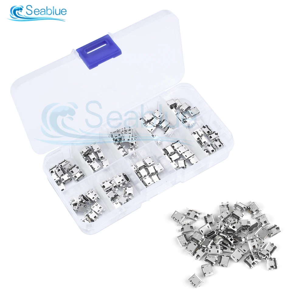 50/100PCS USB Connector Set All Copper Micro-USB 5 Pin Socket Jack 10 Models USB Socket Female Chassis Connector Wire Connectors