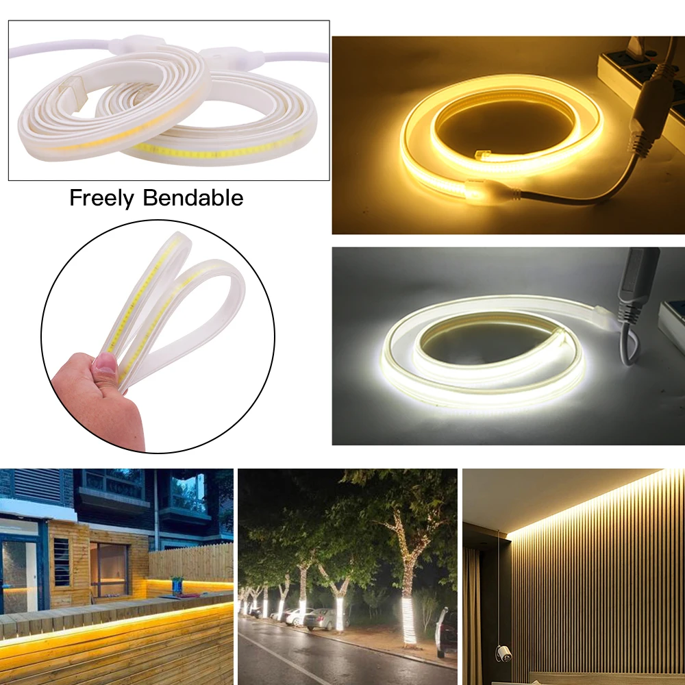 Bande lumineuse LED COB, 50m 100m, 220V, étanche IP67, éclairage extérieur, 288 diodes/m, RA90 linéaire, ruban Flexible 3000K 4000K 6000K + prise