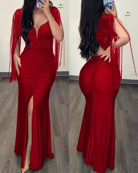 Womens Dresses 2024 Summer Fashion Contrast Sequin Ruched Slit Tassel Design Sexy Plunge Short Sleeve Skinny Maxi Evening Dress