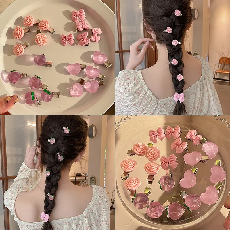 

5Pcs New Small Bow Hairpins Cute Peach Rose Headwear Hair Accessories Girl Side Bangs Clip Sweet Hair Clips Headdress Jewelry