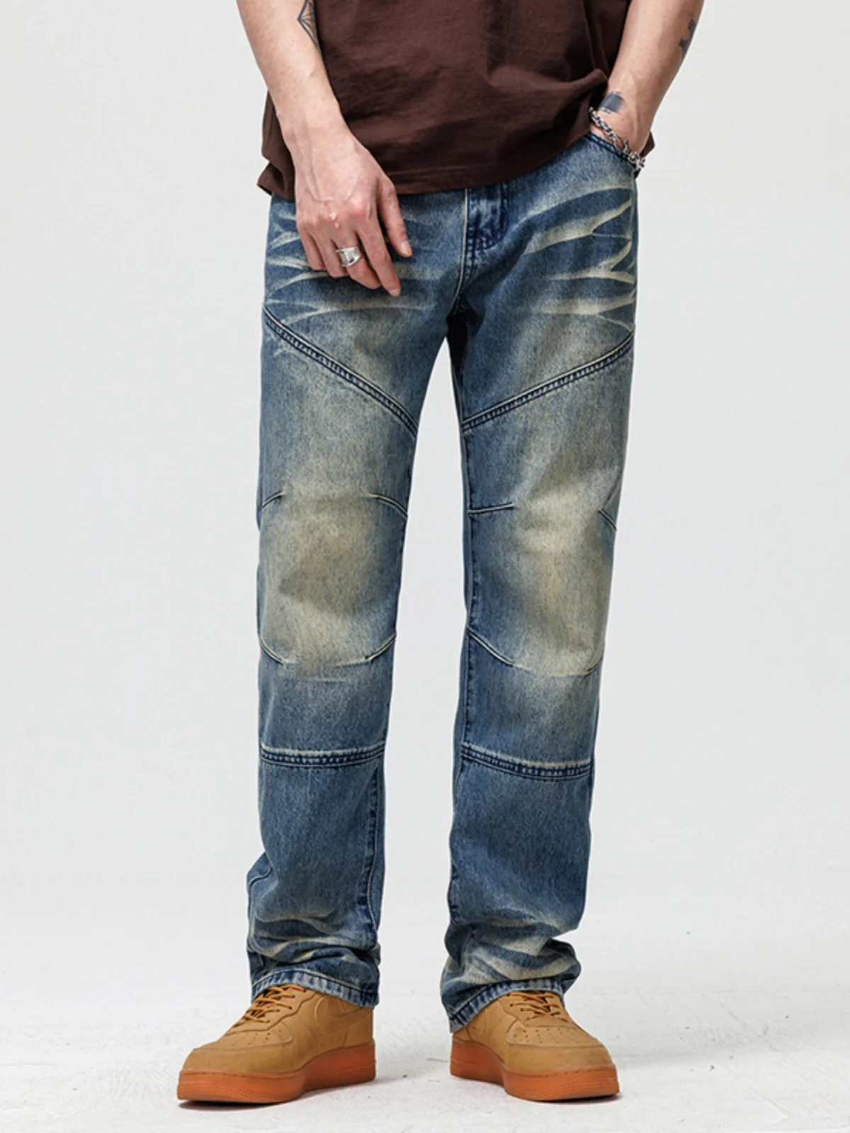 

Trendy American High Street Men's Jeans Autumn Winter Patchwork Vintage Straight Loose Long Casual Pants Youth Denim Jeans