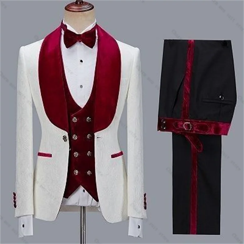 

Jacquard Velvet Men Suits Set 2 Pieces Blazer+Black Pants Trousers Wedding Tuxedos Formal Office Cotton Groom Prom Jacket Coat