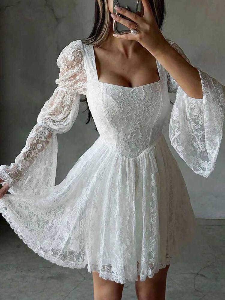 캐주얼 연근 소매 파티 드레스 가을 우아한 스퀘어 칼라 케이크 A라인 드레스 섹시한 레이스 자수 솔리드 화이트 미니 드레스