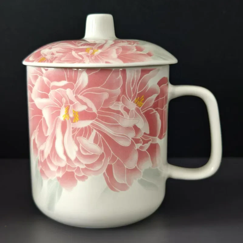 490ml Chinese Ceramics Mug Pink Rose Tea Cup with Lid Birthday Christmas Gift for Friend Mom Dad Wife Husband