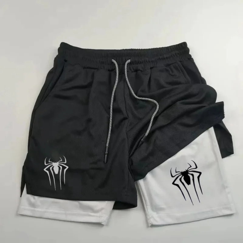 2024 New Spider Logo Men's Two-in-One Sports Shorts Running Quick-Drying Shorts Gym Fitness Training Double Layer