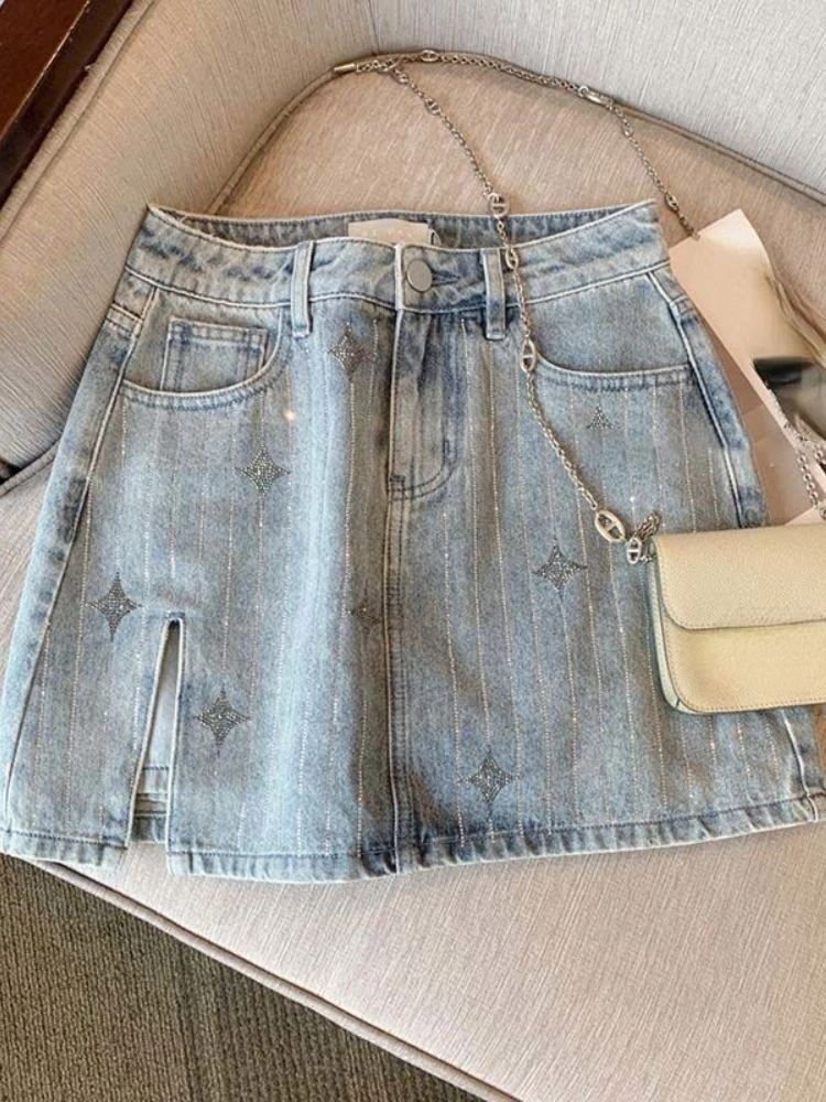 Fashion Simple Denim Skirts Pockets Forked High Waist Female Slim Mini Skirt Summer All Match Vintage Elegant Women's Clothing