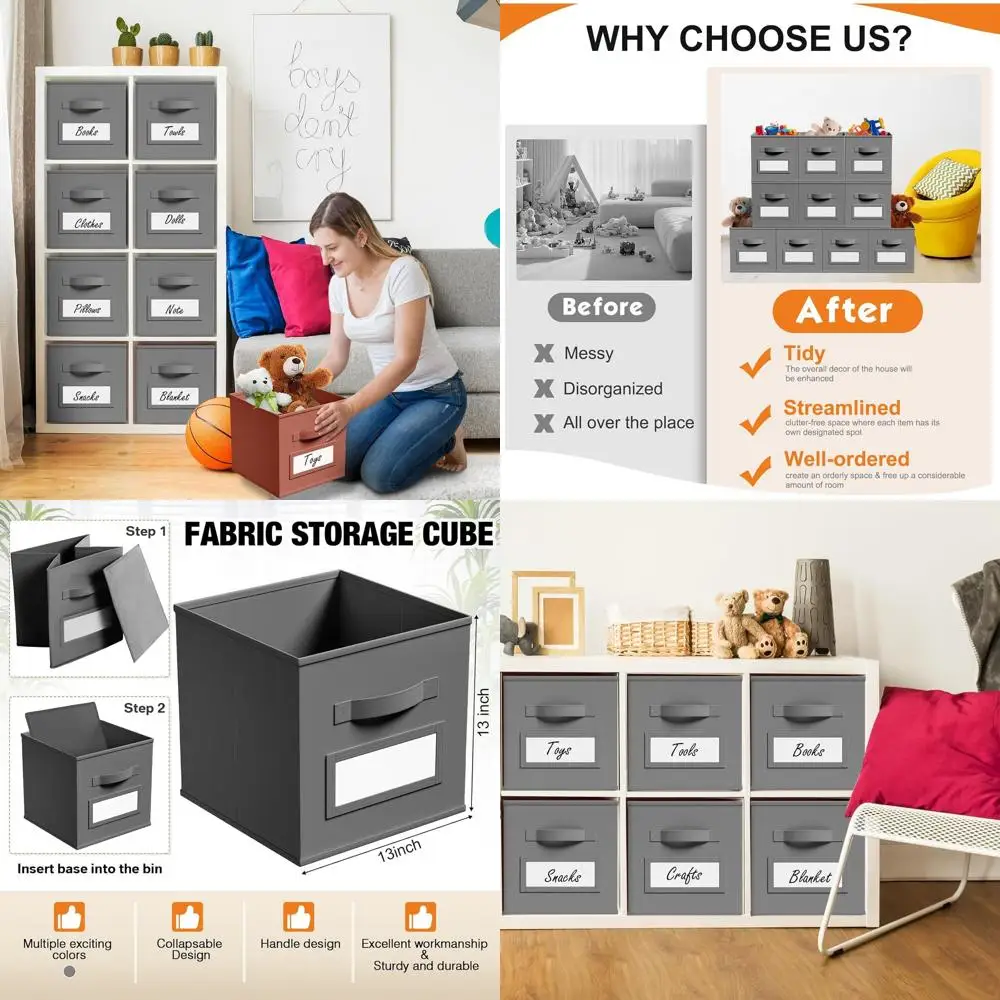 

13-Inch Collapsible Fabric Storage Cubes with Window Labels for Nursery, Clothes, Books, and Toys (Gray)