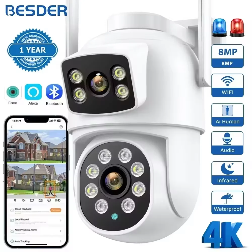 8MP PTZ Wifi Camera Outdoor Night Vision Dual Screen Human Detection 4MP Security Protection CCTV Surveillance IP Camera iCSee