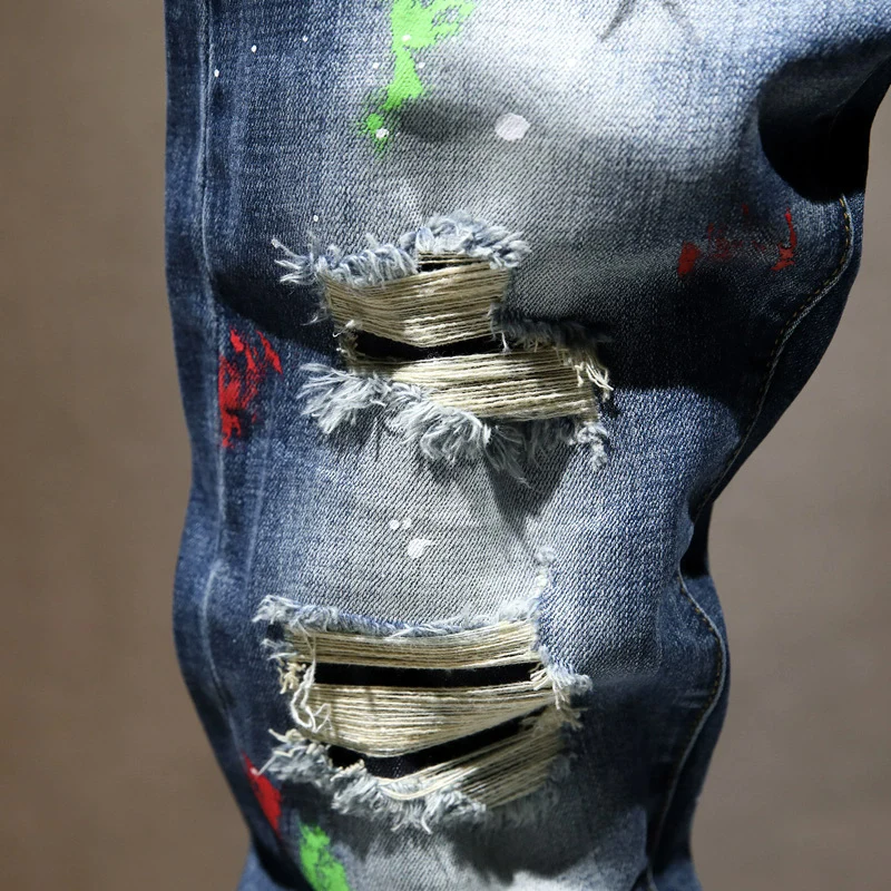 Street Designer Fashion Men Jeans Retro Blue Stretch Slim Fit Painted Ripped Jeans Men Hip Hop Vintage Y2K Denim Pants Hombre