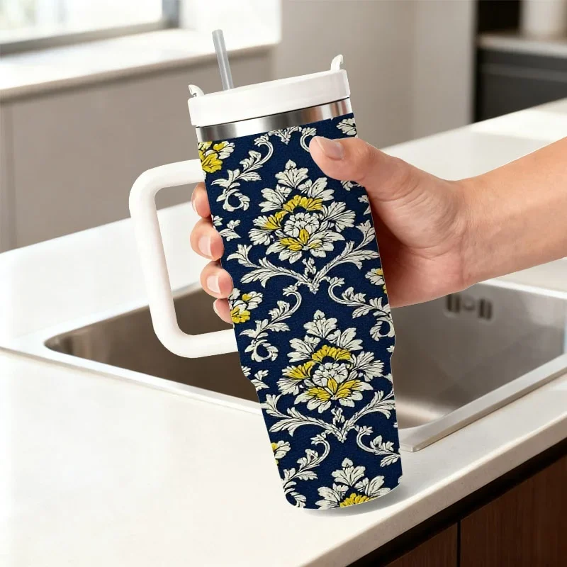 Stainless Steel 40oz Insulated Tumbler, Navy Background Floral Damask Digital Print with Intricate White Vines & Yellow Blooms, Durable Reusable Drink Container for Daily Sipping, Office, Road Trips & Outdoor Use