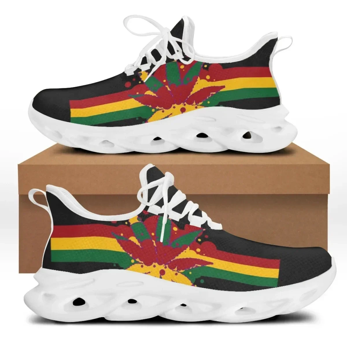 Custom 3D Green Weed Leaves Printing Platform Sneakers for Women Breathable Lace up Flat Shoes Comfort Mesh Femme Footwear view 3
