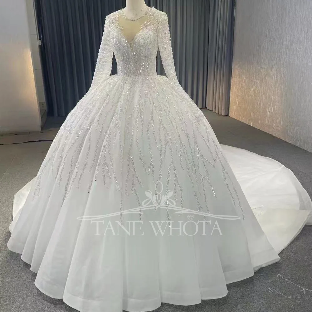 Vestidos Boda O-Neck Long Sleeve Lace Up Back Sequined Ball Gown Customized Wedding Dress Luxury