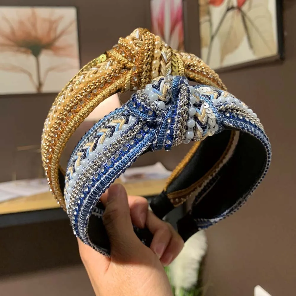 Retro Wide Knotted Wild Diamond Headband Crystal Hair Hoop Women Headwear Cloth