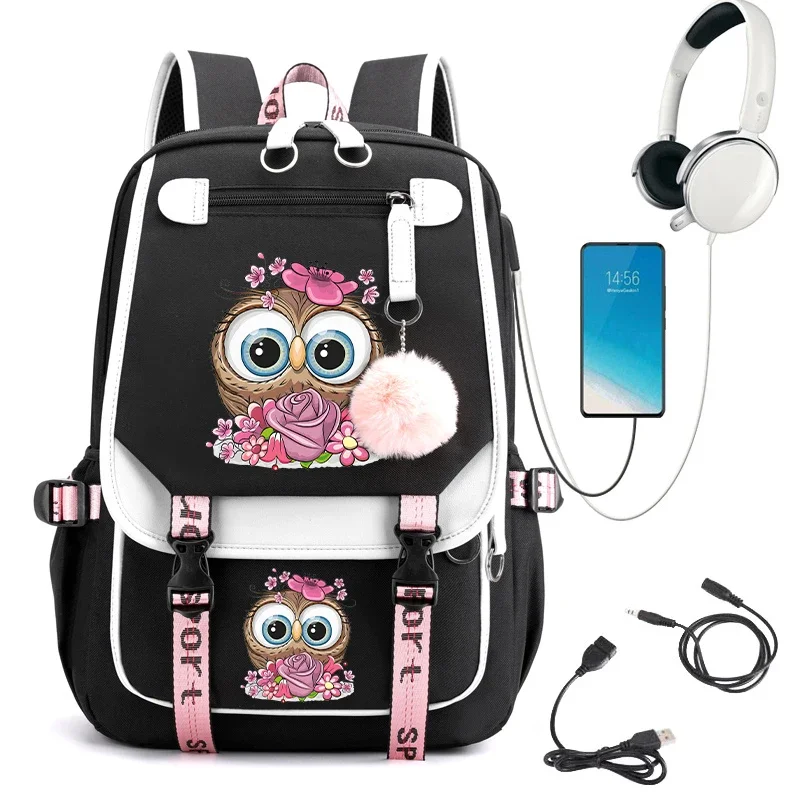 

Owl with Flowerson Girls Print Teenager Backpack Bags Cute Kawaii Bagpack Primary School Students Usb Girls' School Bag Bookbag