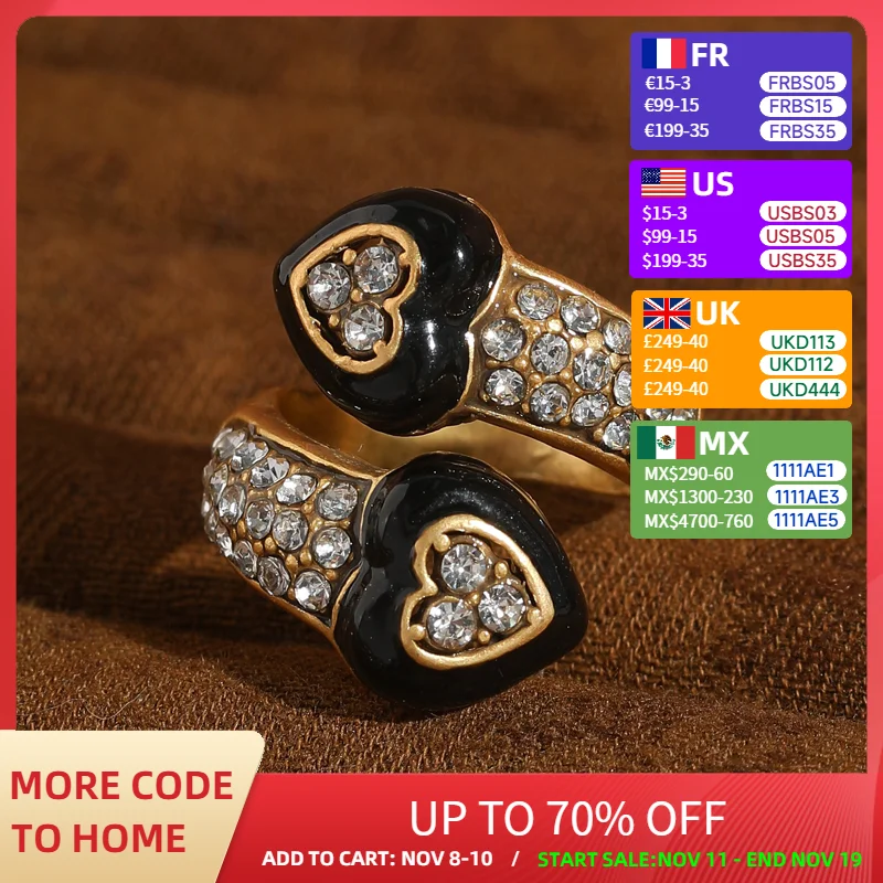 

Vintage Black Heart Ring Woman Rhinestone Open Finger Accessories Drip Oil Antique Gold Color Luxury High Quality Jewelry 2025