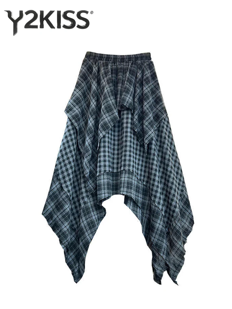 Herbst Winter frauen Midi A-line Unregelmäßigen Rock Koreanische Elastische Taille Plaid Röcke Y2k Harajuku Mori Mädchen Design Vintage Neue