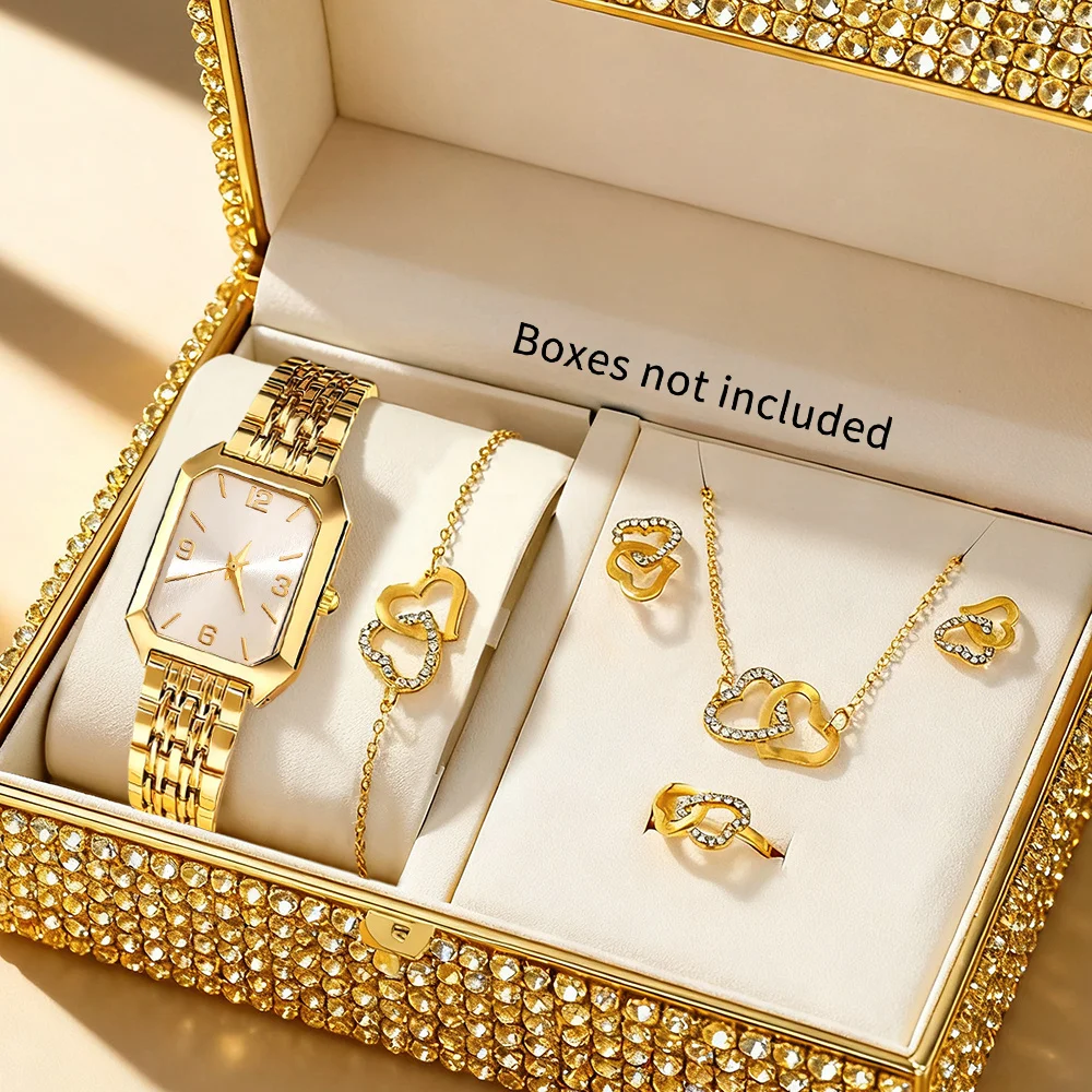 6pcs Women's Luxury Golden-Tone Quartz Watch & Jewelry Set - Tone Bracelet, Necklace, Earrings, Ring & Pendant with Watch