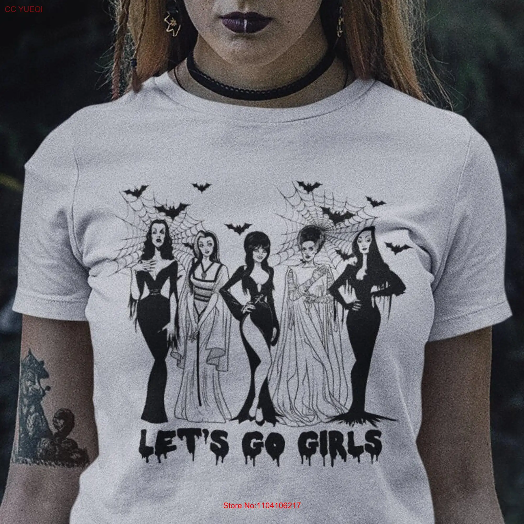 Let's Go Girls Halloween T shirt Horror Vintage Retro Witch Skeleton Crewneck Gothic Style Alternative Goth Queen Bat Y2K