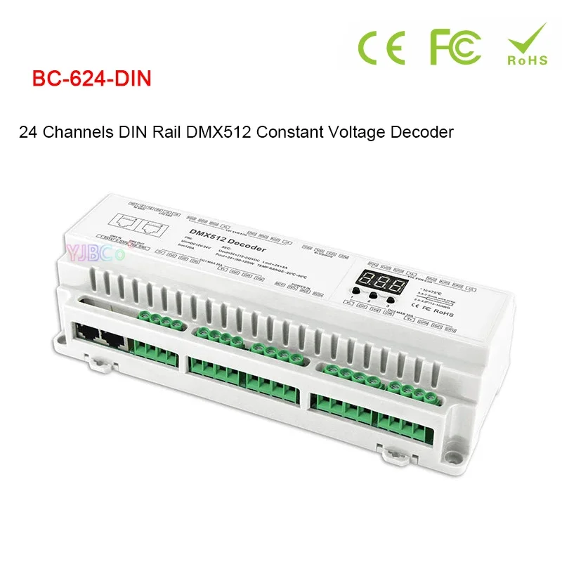 12V-24V DC 3A*24CH 32CH 40CH DIN Rail DMX Decoder CV PWM RJ45 8-bit,16-bit DMX512/1990 Single color CCT RGB RGBW LED Controller