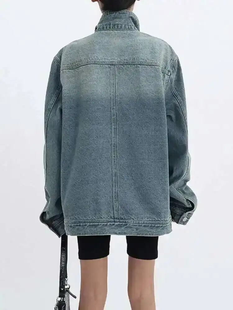 SHENGPALAE Fashion Women’s Denim Coat Turtleneck Single Breasted Full Sleeve Patchwork Versatile Jacke Autumn 2026 New 5R4436 4 SHENGPALAE Fashion Women's Denim Coat Turtleneck Single Breasted Full Sleeve Patchwork Versatile Jacke Autumn 2026 New 5R4436 4