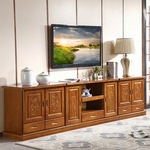 

Solid Wood TV Cabinet Heighten and Lengthen Home Living Room Storage Film and Television Cabinet Carved Solid Wood Floor Cabinet