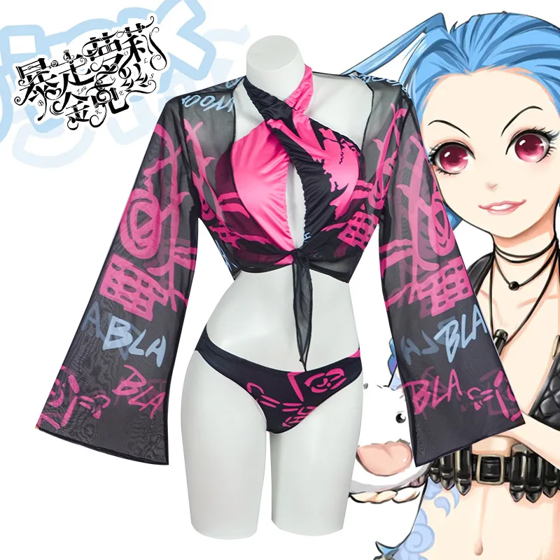 

Cospla GameJinx Costume Swimsuit Summer Clothes Suit for Women's Top Pants Cape Beach Carnival Outfits A