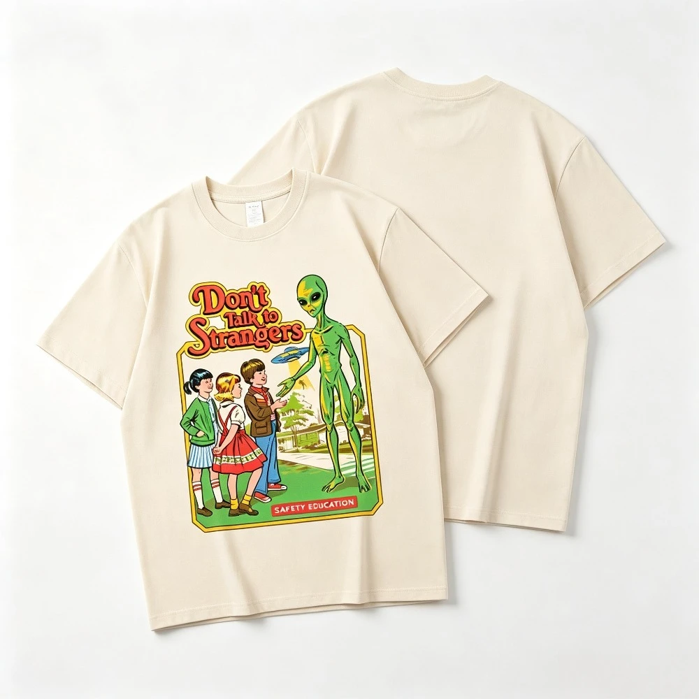 Unisex Retro Alien Graphic T‑Shirt Don't Talk To Strangers Print Oversized Casual Short Sleeve Streetwear Tee Men Women