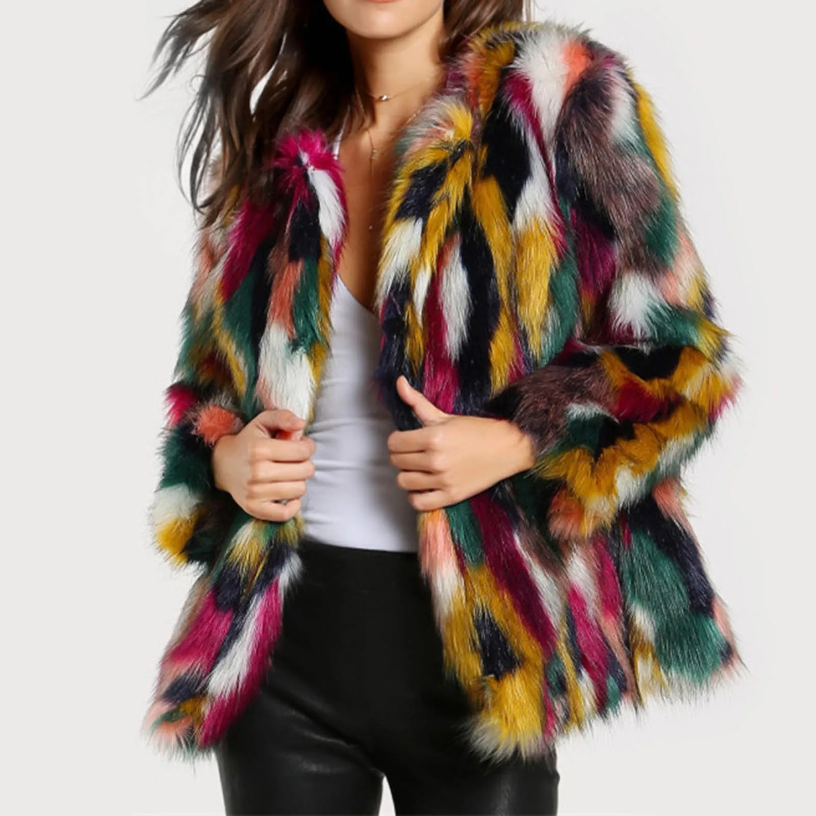 Fashion Contrast Multi color Faux Fur Coat Long Hairy Shaggy Outwear Women Autumn Winter Short Jacket Coat Tops