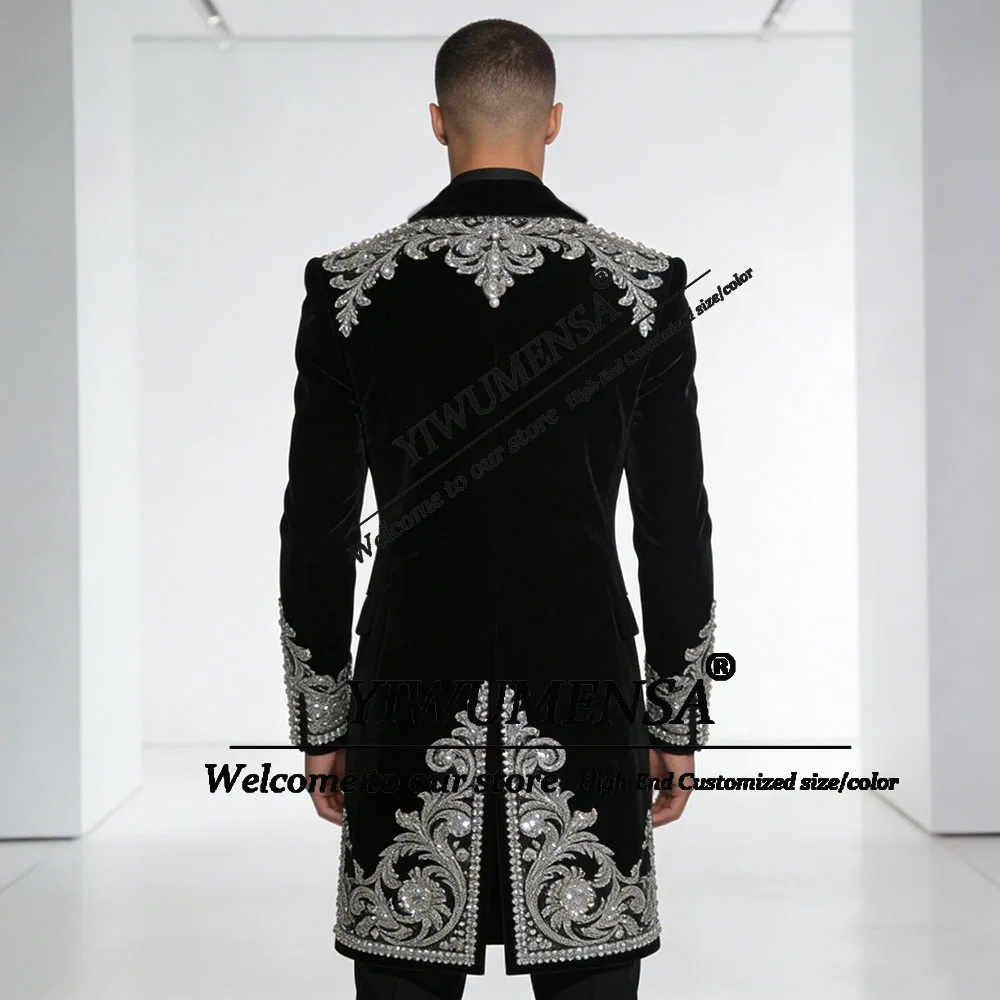 Sieraden Ornament Mannen Pak Aangepaste Kralen Fluwelen Jas Lange Bruidegom Blazers 2-delige Sets Bruiloft Tuxedo Trajes Para Hombre