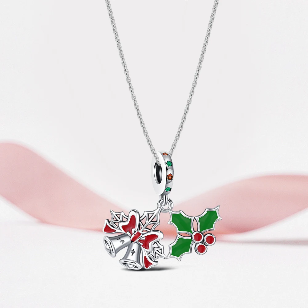 925 Sterling Silver Christmas Charm Bell Two Piece Set Bead Pendant Original Bracelet DIY Ladies Party Hot Jewelry Lovers Gift