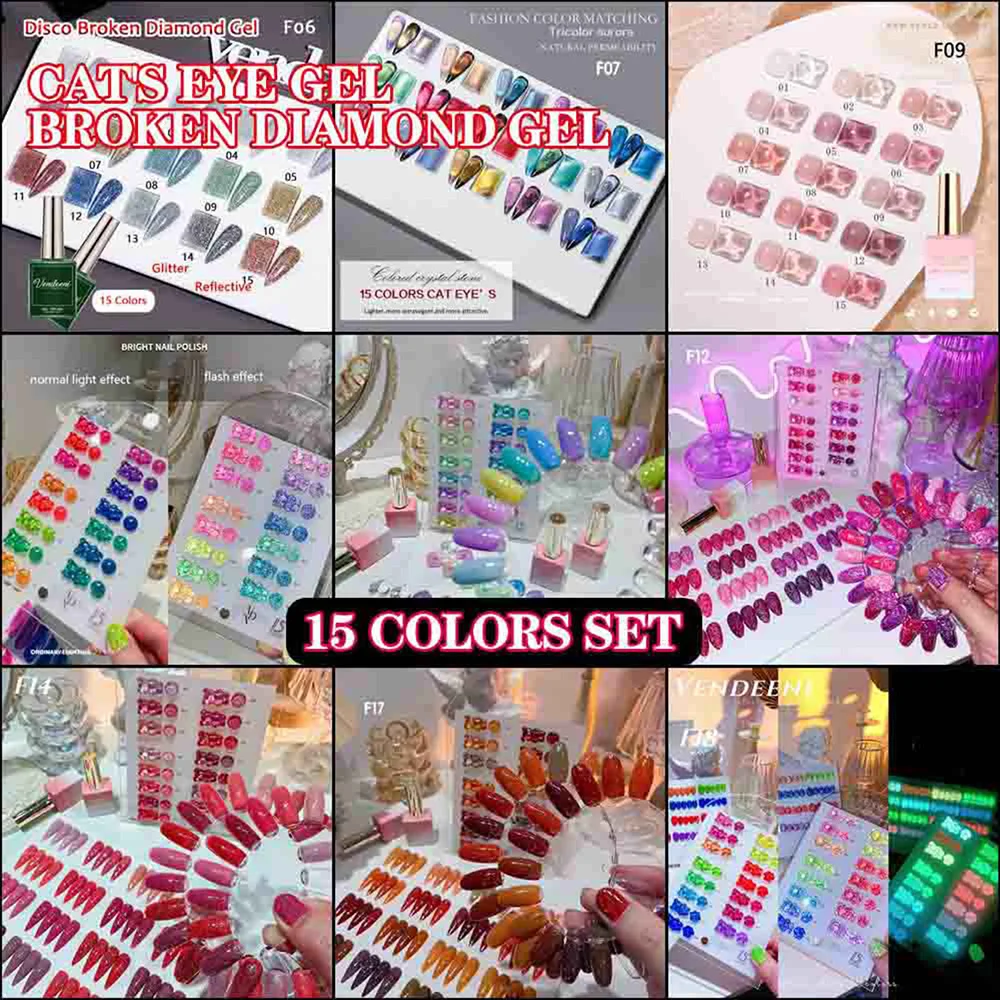 

Vendeeni 15 Colors/set Glitter Broken Diamond Gel Nail Polish UV LED Magnetic Cat Eye Transparent Nail Varnish With Color Card