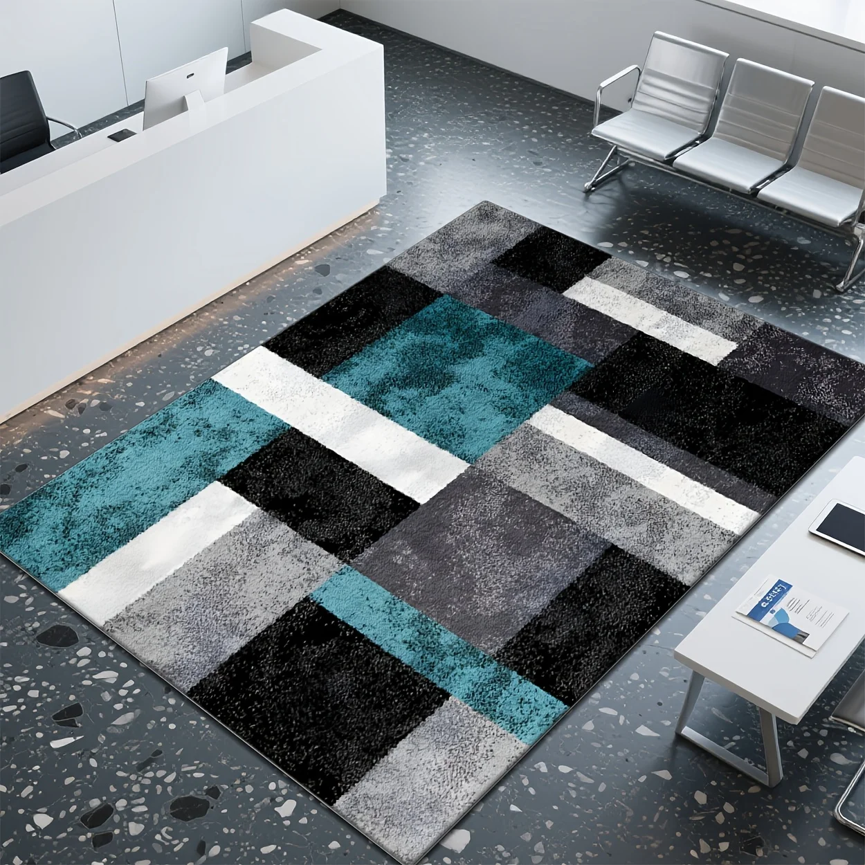 Office Reception Teal Carpet Black Grey Rug Corporate Meeting Room Floor Mat Modern Geometric Business Commercial Doormat