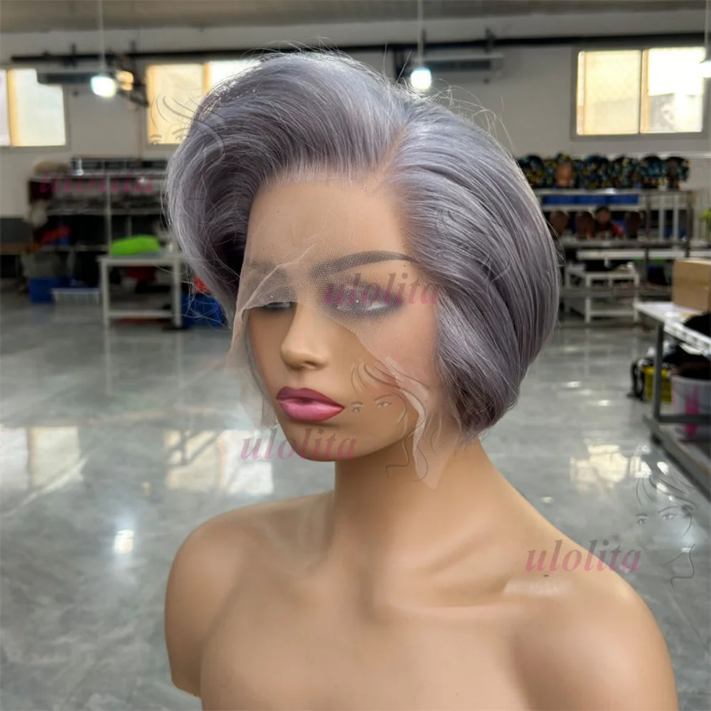 Pixie Cut Echthaarperücken, Salz-und-Pfeffer-Perücken, kurze Bob-Echthaarperücken, sofort tragbar, ohne Klebstoff, 13x4 Lace Frontal Perücken, brasilianisch gewellt – Detail 3