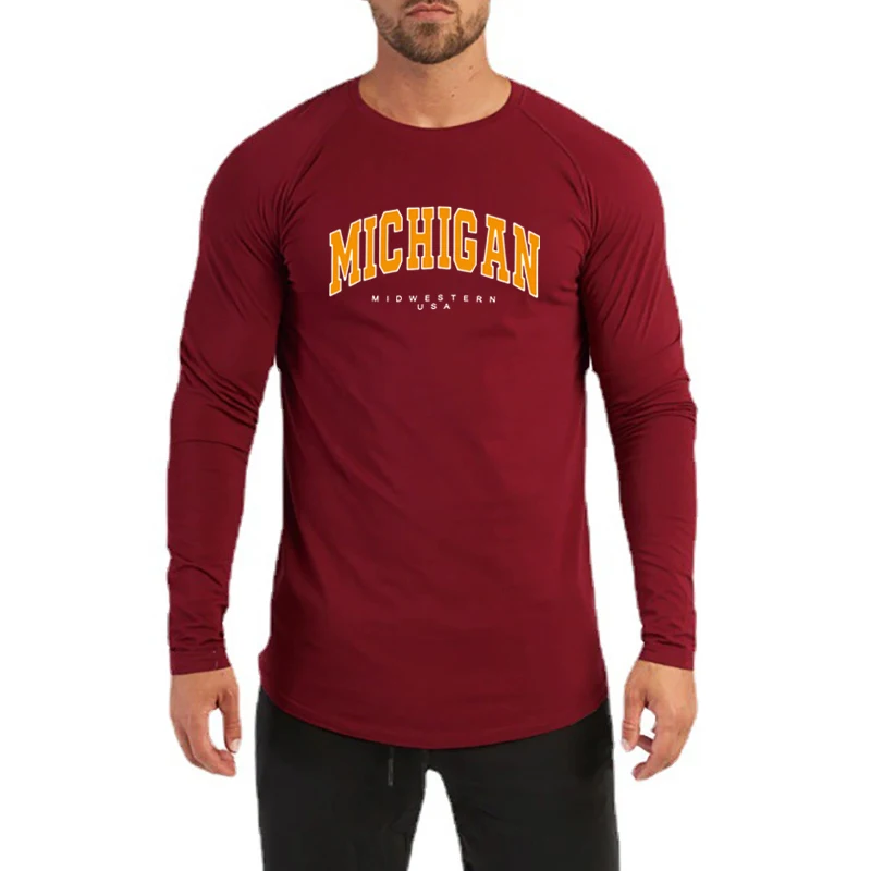 Michigan Midwestern USA Print Autumn Long Sleeve Cotton T-shirts Mens Fitness Casual Gym Bodybuilding Breathable Slim Fit Shirts