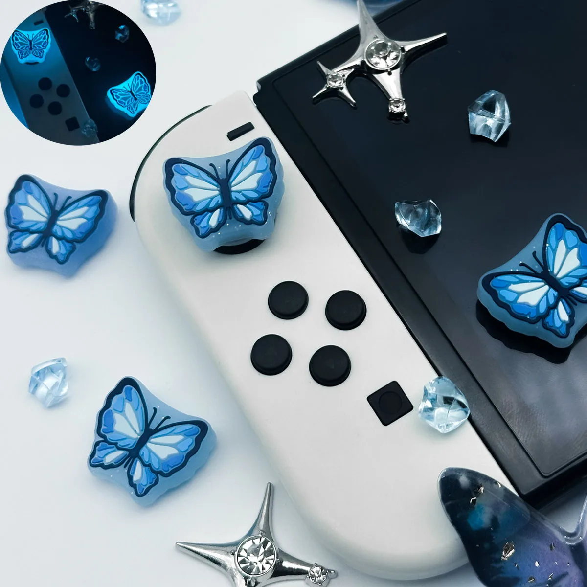 Im Dunkeln leuchtende Schmetterlings-Daumengriffe für Nintendo Switch / OLED / Lite – leuchtende Silikon-Joystickkappen für Switch Joy-Con