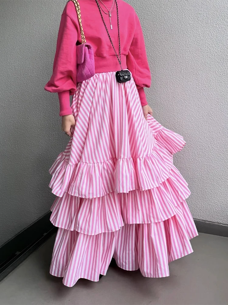 

High Waist Stripe Layered Cake Skirt Women's Summer New Sle Slimming Midi Long Skirt A-Line Cotton Gauze Skirt