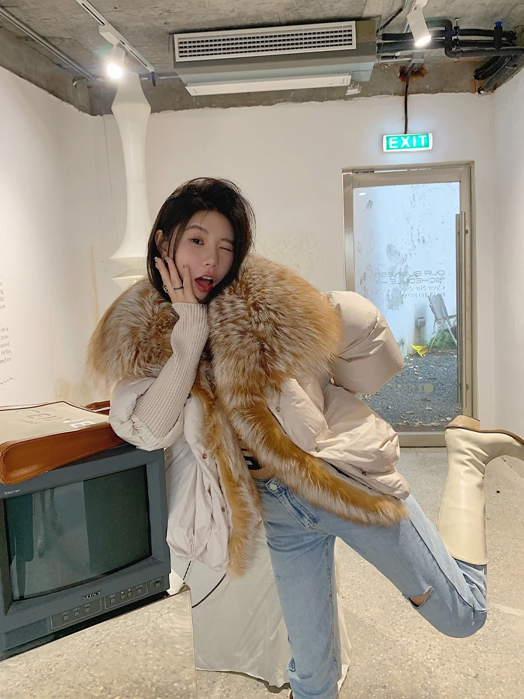 2026 New Autumn 90 Winter Goose Down Jacket Warm Women Coat Oversized Real Fox Fur Collar Thick Luxury Fashion Outerwear