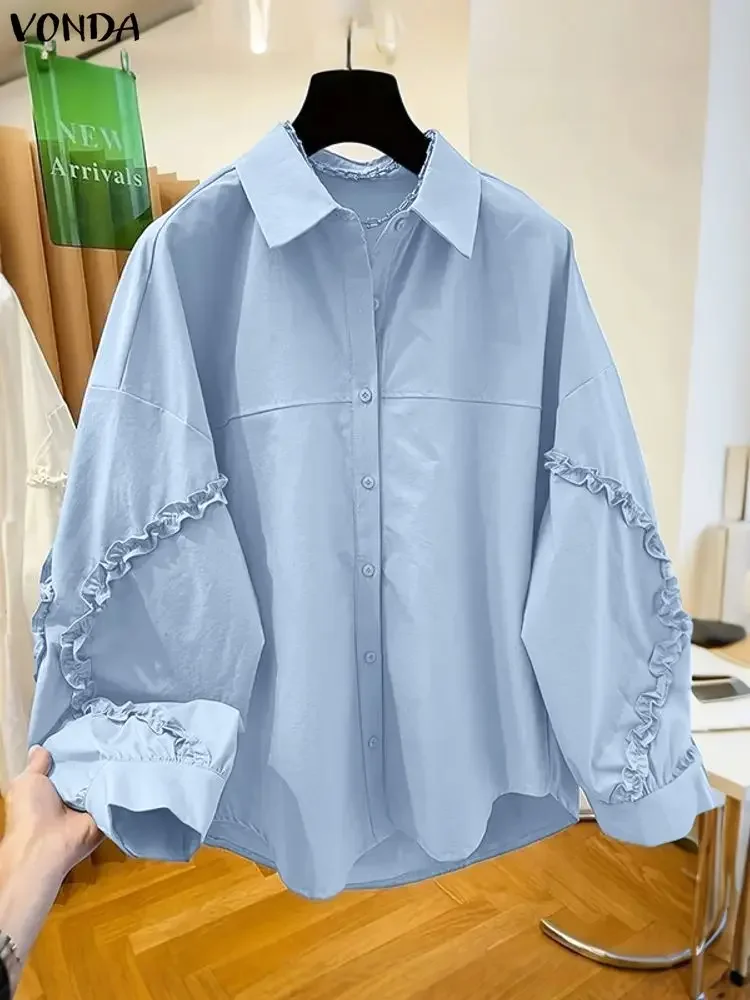 Blusas de talla grande 5XL VONDA a la moda para mujer, camisas de manga larga acampanada de otoño, Tops tipo túnica con volantes lisos, Blusas holgadas informales