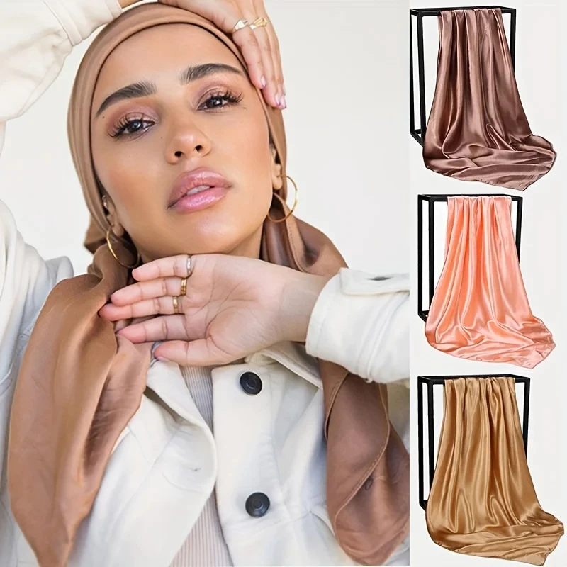 90cm Square Solid Color Satin Muslim Hijab Scarf Silk Scarf Fashion Women Shawl Head Scarf Wraps Bandanna 2024