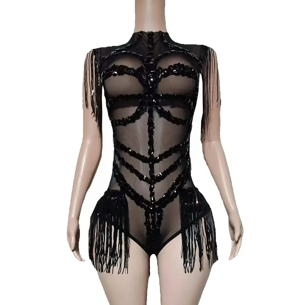 Body Sexy avec strass scintillants et paillettes noires pour femmes, maille transparente, Costume de danse, vêtements de scène pour séance photo