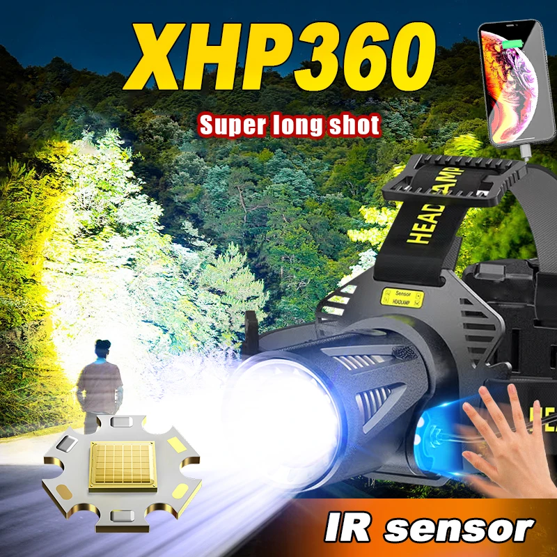 Sensor XHP360 LED Headlamp Zoomable USB Rechargeable Headlight Head Flashlight Outdoor Waterproof Fishing Emergency Power Bank