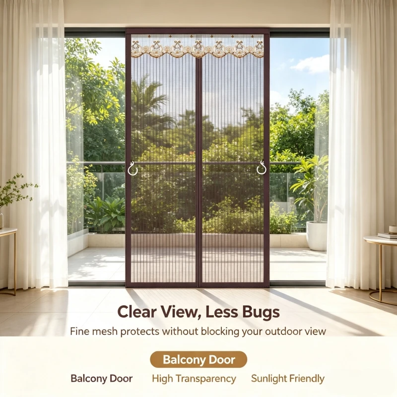 Coffee Brown Frame Magnetic Mosquito Net for Doors,Self-Closing Insect Barrier Curtain with Hooks, Breathable Protector