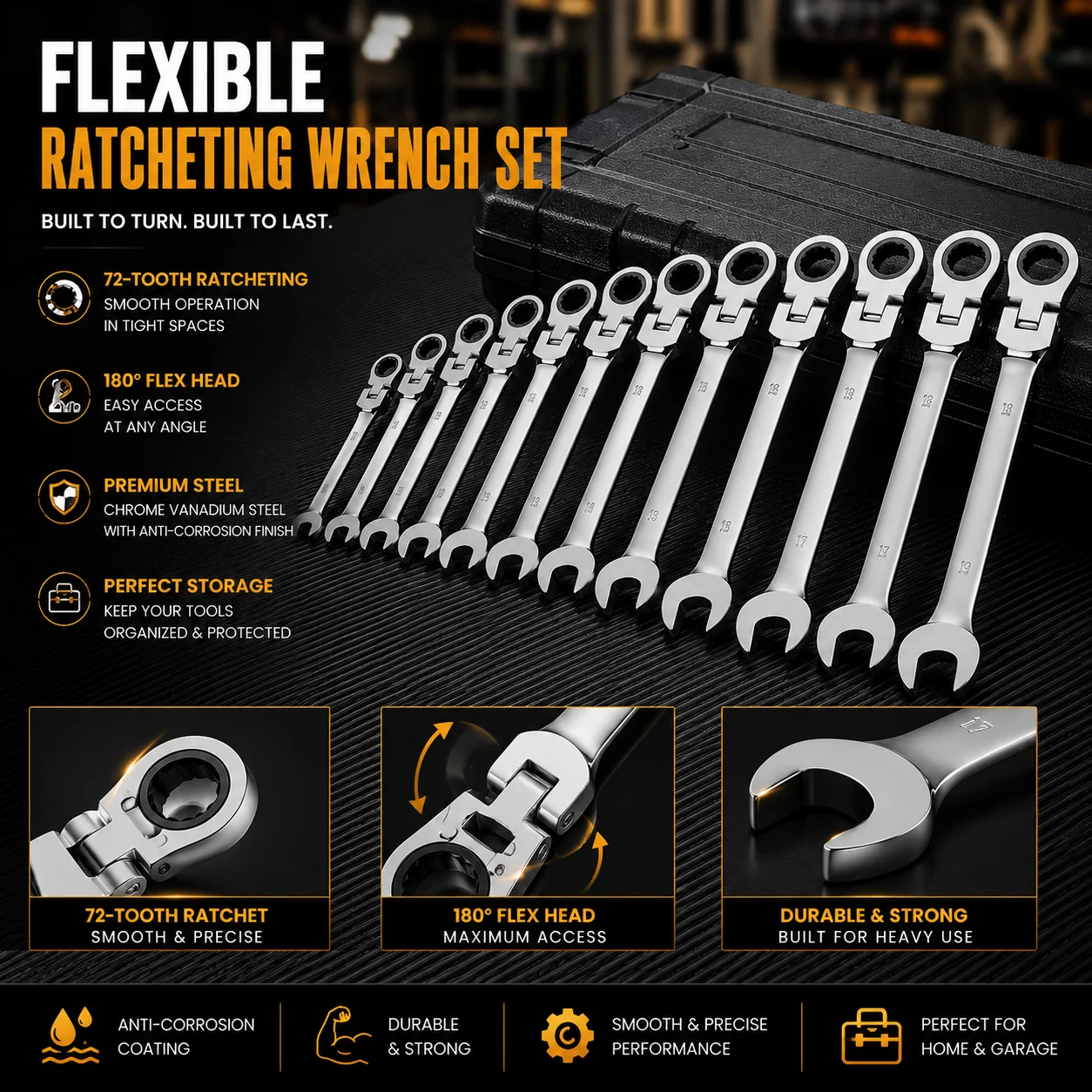Hi-Spec 6-19mm Reversible Ratchet Wrench Set Ratcheting Socket Spanner Nut Tool 6mm 7mm 8mm 9mm 10mm 11mm 12mm 13mm 14mm