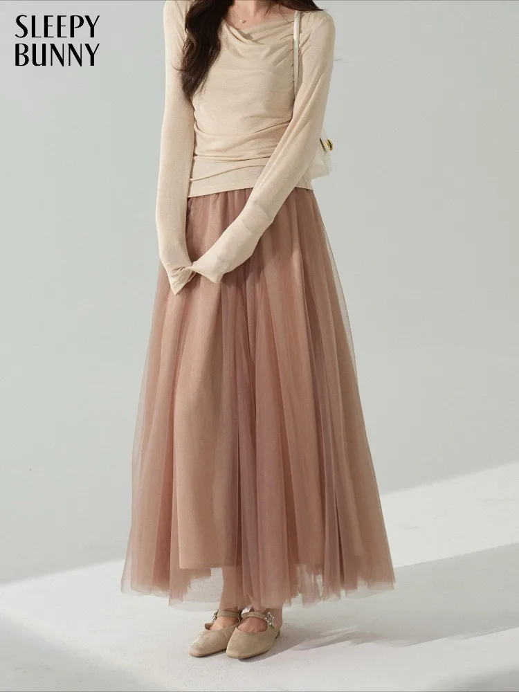 

Elegant Mesh Tulle Skirt for Women Autumn High Waist A-Line Midi Skirt Elastic Waist Swing Skirt Fairy Outfit Casual Daily Wear