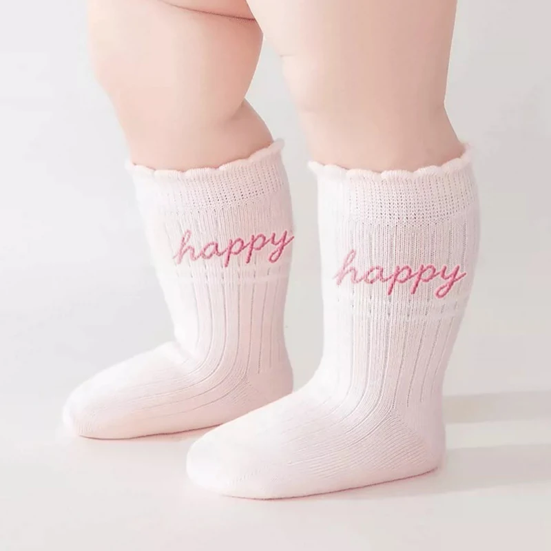 5 Pairs Baby Girls Mid Calf Socks Cute Flower Cherry Bow Embroidery Ruffle Cuff Soft Breathable Toddler Socks for 0-24M & 2-4Y