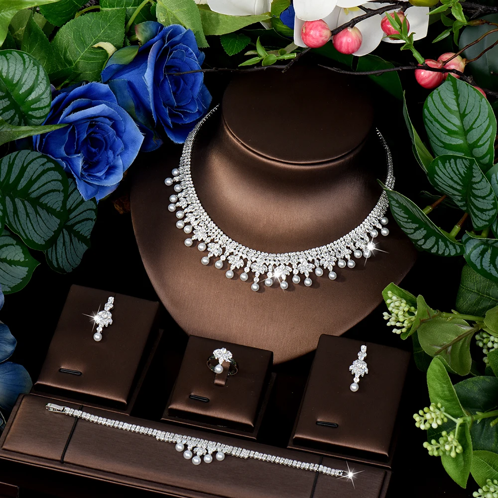 HIBRIDE موضة خفيفة فاخرة النساء اللؤلؤ طقم مجوهرات زركونيا ليف قلادة أقراط خاتم فستان الزفاف اكسسوارات S-781 #1