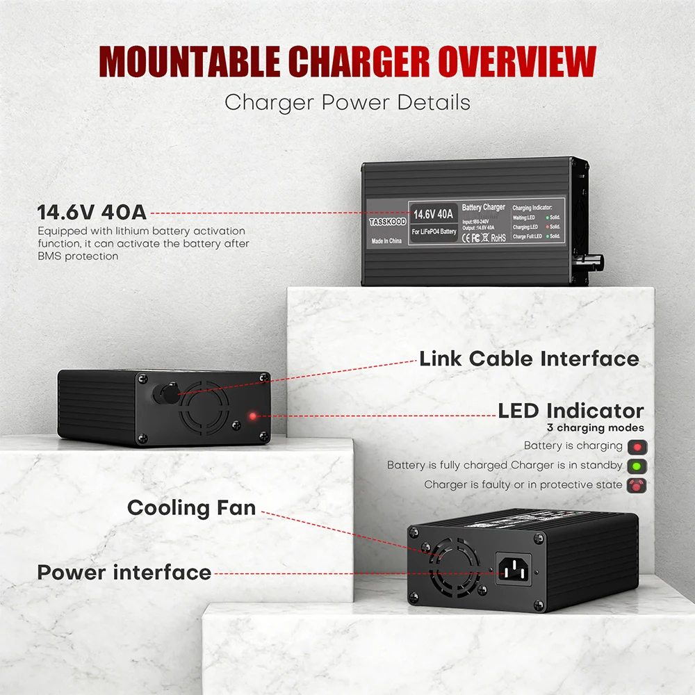14.6V 40A LiFePO4 배터리 충전기, 12.8V 리튬인산철 배터리용 스마트 충전기, 안전 기능 내장 트리클 충전기